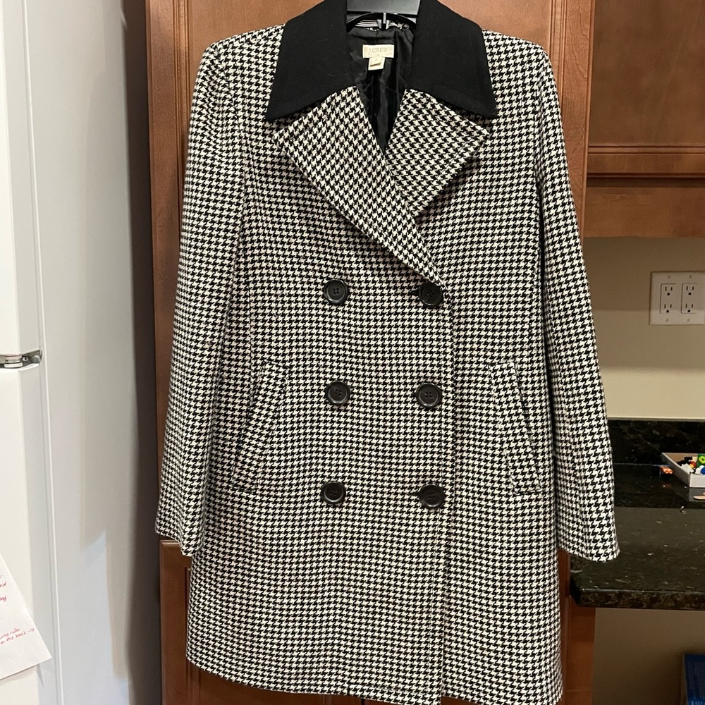 J. Crew Black & White Houndstooth Double-Breasted Wool Coat